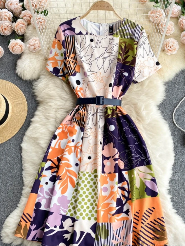 

YIZZHOY New Summer A Line O Neck Floral Print Mid-calf Women Medium Dresses Casual Slim Chiffon Short Lady Dress