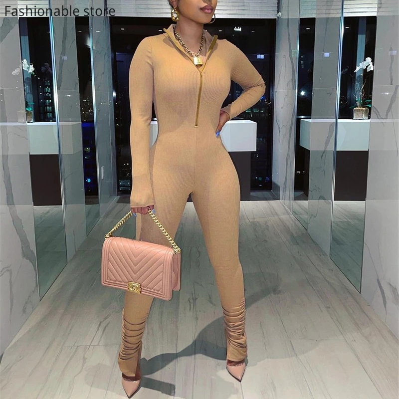 

Women Winter Solid Color Zipper Front Long Sleeve Ruched Jumpsuits