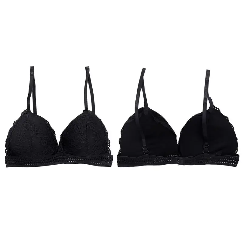 Women V Neck Floral Lace Triangle Bra Solid Color Hollow Out Elastic Trim Wireless 3/4 Cup Bralette Adjustable Strap Removable