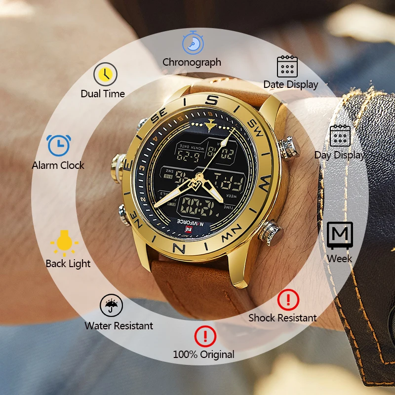 

NAVIFORCE Fashion Brand Gold Quartz Men Watch Waterproof Dual Display Man Wristwatch Military Sport Male Clock Relogio Masculino