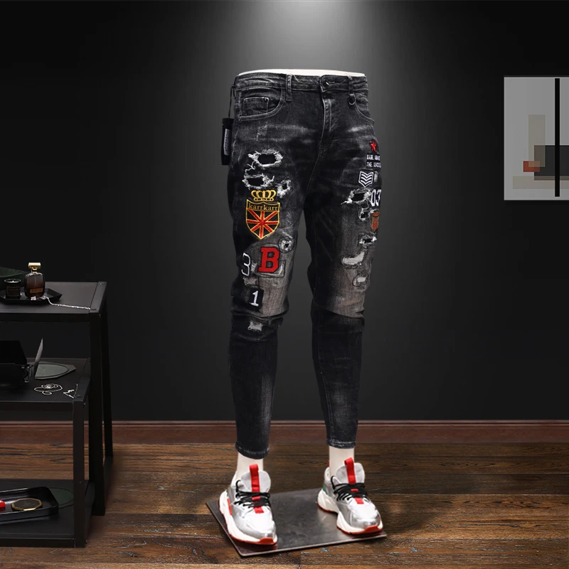 Men New Trend Ripped Embroidery Casual Slim Fit Jeans Pants