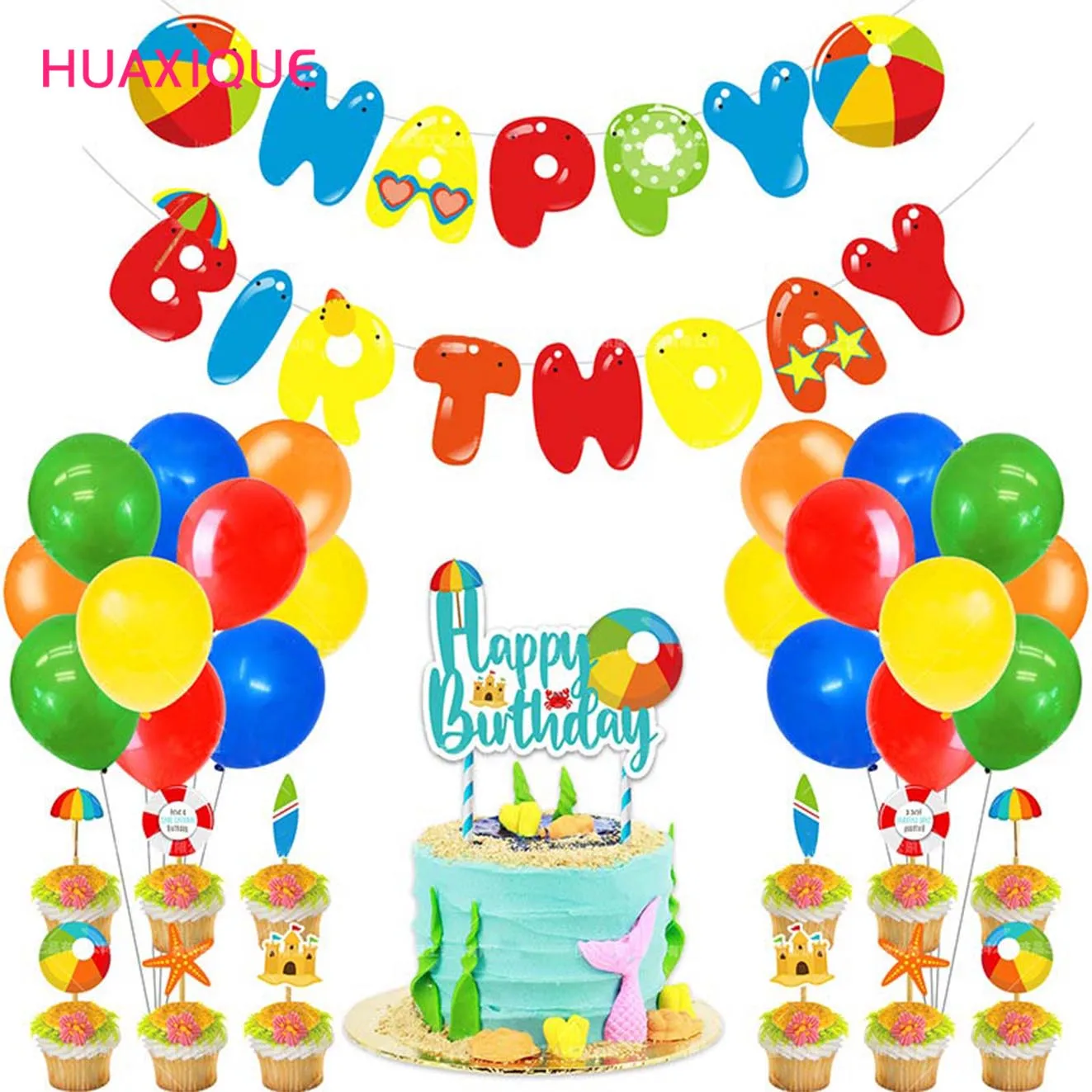 

47pcs/Set Colorful Hawaiian Tropical Beach Balloons Party Banner Cake Card Baby Shower Happy Birthday Beach Backdrop Decors