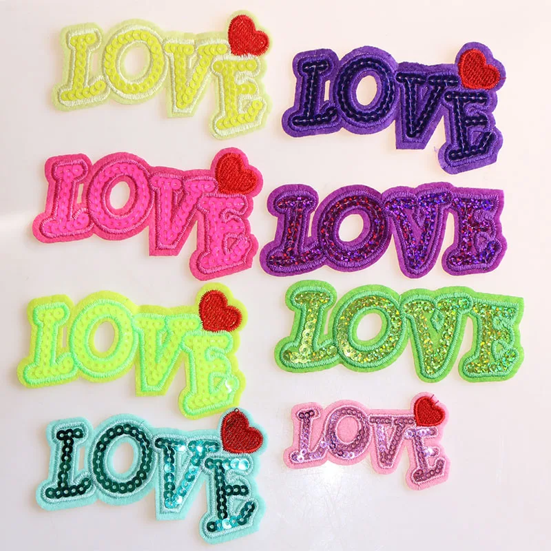 

Colorful Love With Red Heart Shape Letter Sequin Icon Iron on Patches for Clothing DIY Stickers Custom Badges on the Backpack
