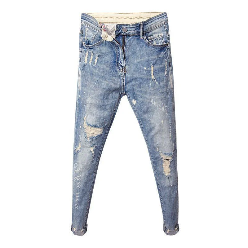 

Wholesale 2021 Fashion Trendy men's spring and summer new slim feet jeans men trend spirit guy ripped hole pencil pants