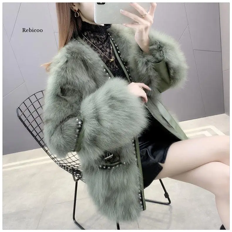 

Women's Office Lady Fox Fur Grass Coat Fashion Middle Long Style Autumn Winter New Rivet Lace Up Fur Thickened Coat