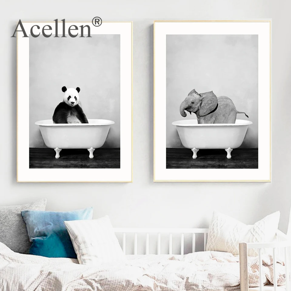 Детское животное в ванной постер панда жираф слон лев свинья корова