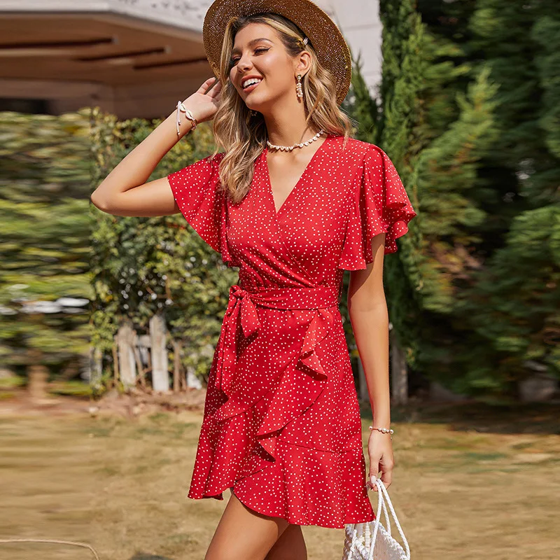 

V-Neck Ruffled Floral Dress Woman French Elegance High Waist Mini A-Line Dress 2021 New Summer Holiday Country style