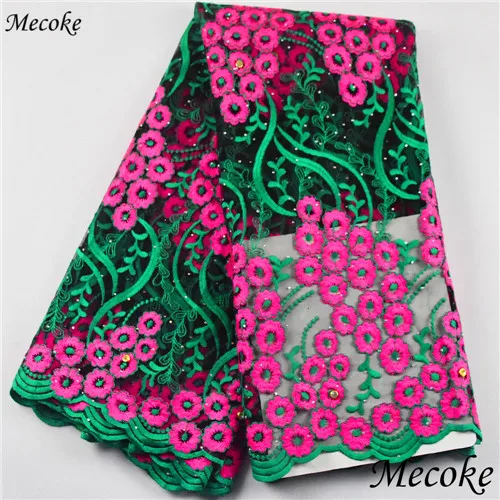 green and fuchsia Африканская кружевная ткань темно-зеленая вышитая нигерийская кружевная ткань Топ высокое качество Французский Тюль кружевная ткань для женского платья - Цвет: green and fuchsia
