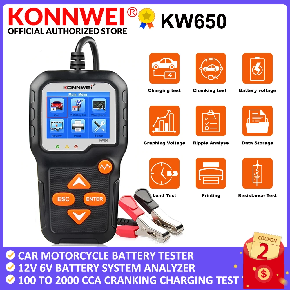 KONNWEI KW650 автомобильный мотоцикл батарея тест er 12V 6V система батареи анализатор