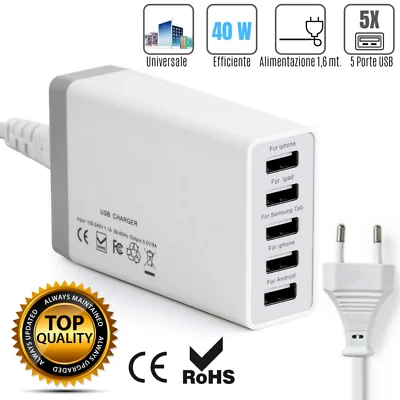 MULTIPRESA USB 5 PORTE CARICATORE MULTIPLA DA TAVOLO CON CAVO SPINA 40W | Дом и сад