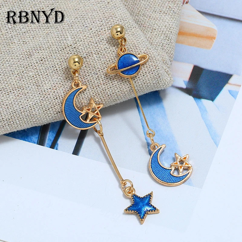 Japan and South Korea Small Fresh Earth Moon Starry Earrings Asymmetric Fashion Girl Wild Planet Long Painting Oil Ear Studs | Украшения и