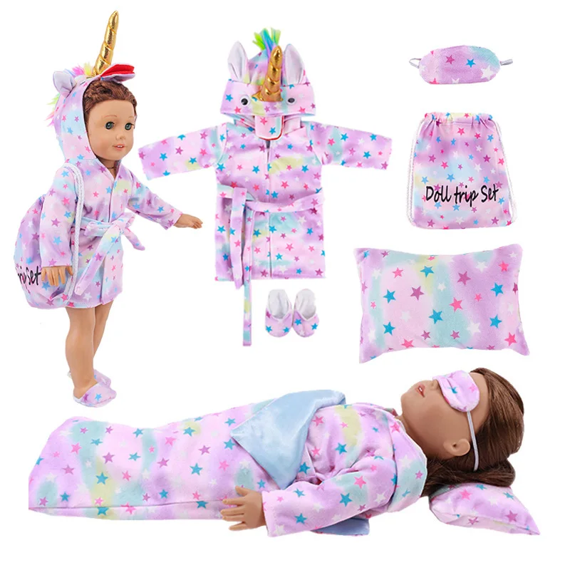 Pijamas de muñeca de unicornio, albornoces, monos, saco de dormir, almohada, máscara, zapatilla apta para 18 pulgadas, 43CM, juguete para niña nacida
