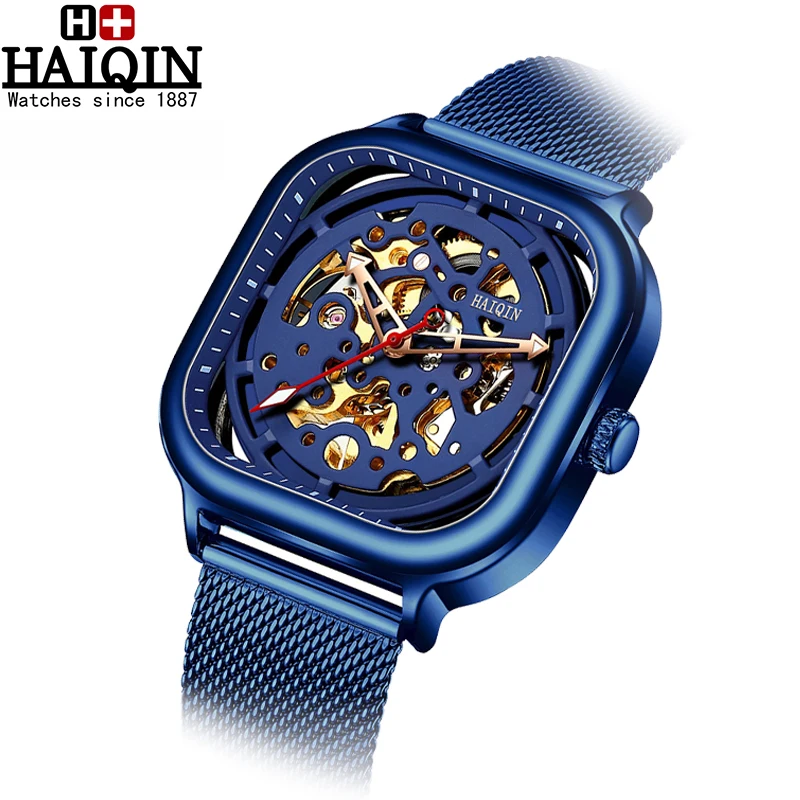 HAIQIN 2019 mens watches top brand luxury steel watch men Automatic mechanical menSquare Skeleton Wrist Watch montre homme | Наручные