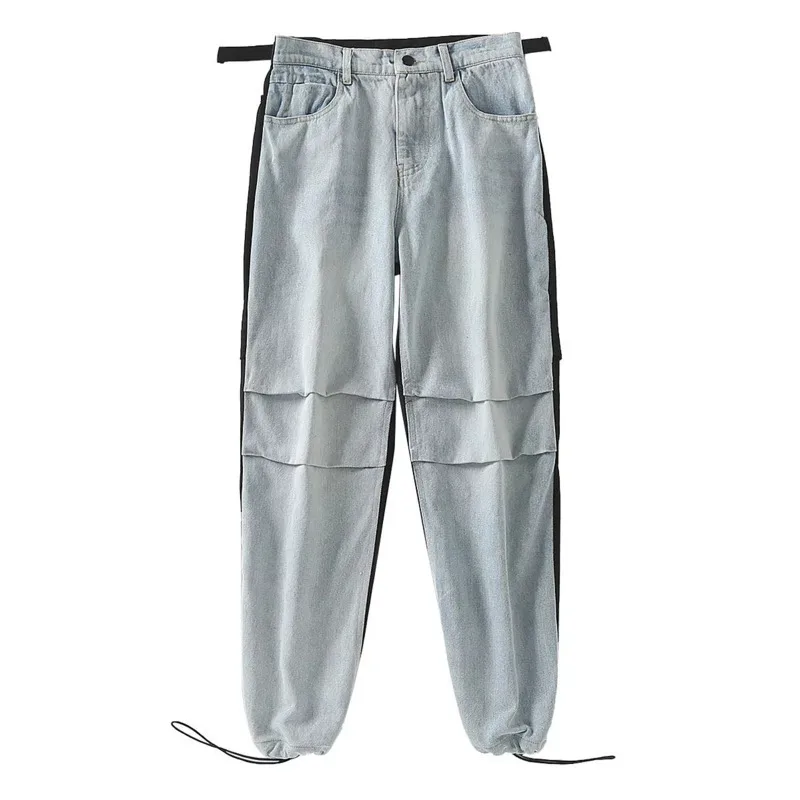 

SHENGPALAE 2021 Spring Vintage Patchwork Joggers Sweatpants Harajuku Woman Trousers Hit Color Stitching Denim High Waist Pants