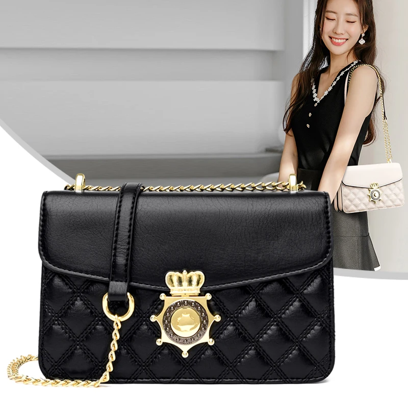 

Small Diamond Lattice Crossbody Bags for Women Leather Flap Messenger Bag Crown Lock Handbag Female Quilted Chain Shoulder Bag
