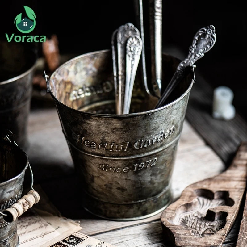 Винтажное ведро с железной ручкой металлическая Ретро английская печать кованая