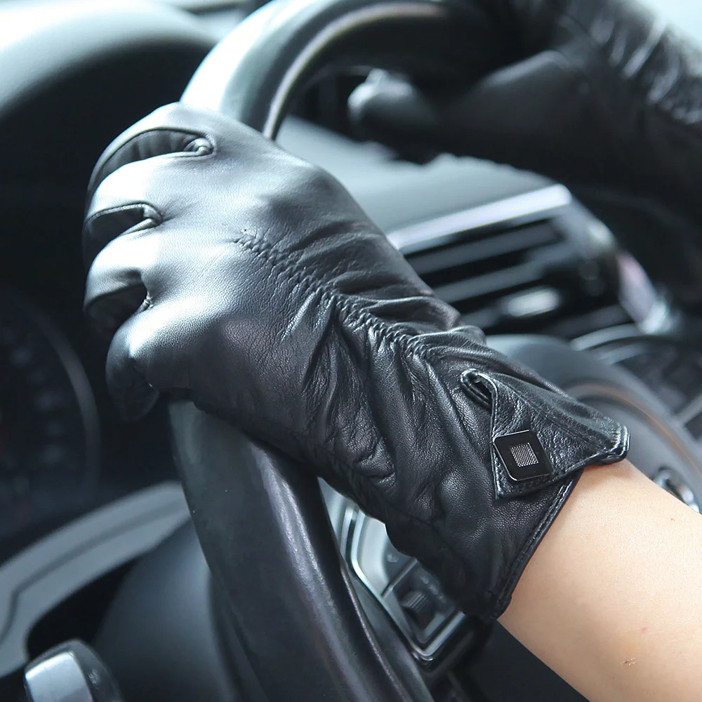 Real Leather Gloves Lady Winter Cashmere Lined Thermal Windproof Imported Lambskin Women Sheepskin Driving Gloves EL064NZ