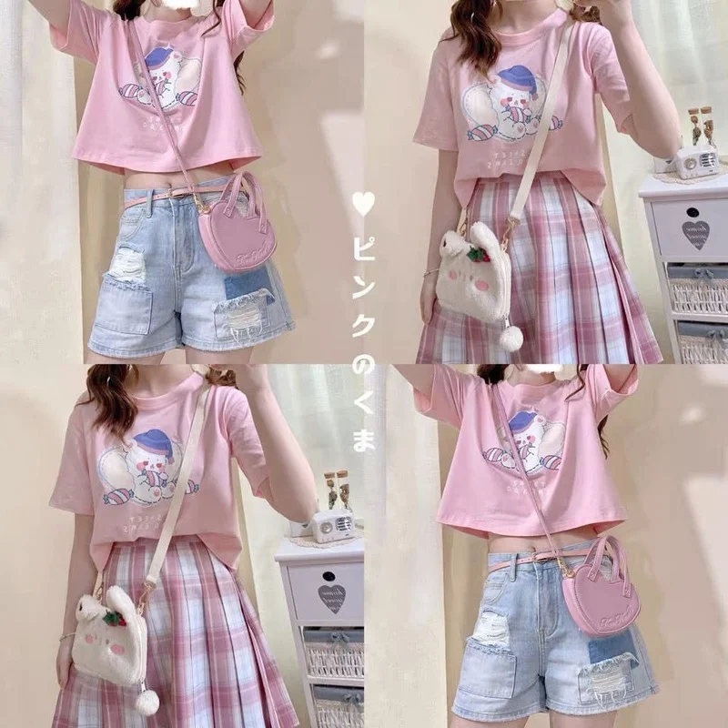 

QWEEK Kawaii Anime T-shirt for Women 2021 Japanese Streetwear Pink Cute Cartoon Print Women Summer Top Alt Clothes Tee Shirt