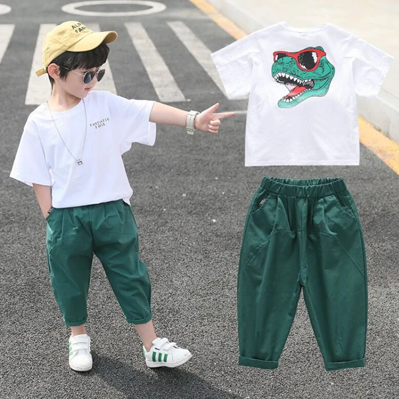 

New Dinosaur suit T-shirt summer children's clothing for over 10 years old kids boys sports two-piece suit Hot!