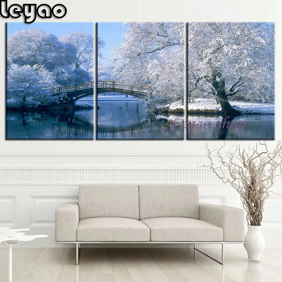 

Landscape Bridge Water Snow and Reflection 3 Piece Full Square Drill 5D Diamond Painting Triptych Embroidery Cross Stitch Kits