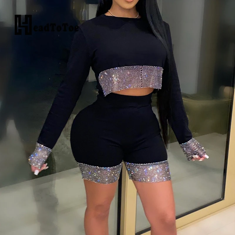 

Solid Diamonds Bright Silk Casual Fashion 2 Piece Set Women Long Sleeve O Neck Navel Straight Two Piece Outfits Woman