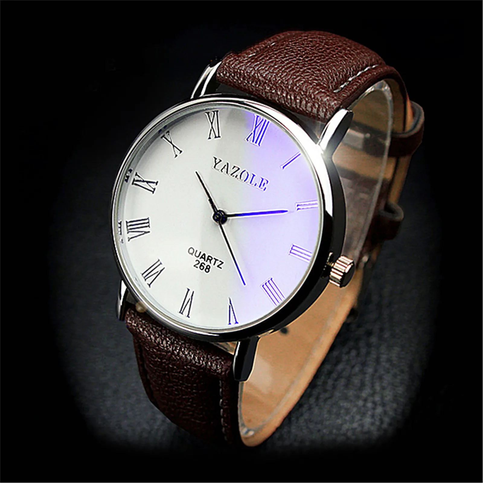 

Men Watch Roman Numerals Blu-Ray Faux Leather Band Quartz Analog Business Couple Wrist Watch montre homme