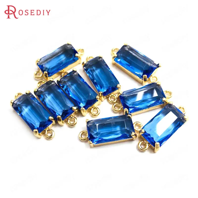 

(38251)6PCS 8x16MM 24K Champagne Gold Color Brass and Glass 2 Holes Rectangle Connect Charms Pendants Diy Jewelry Accessories