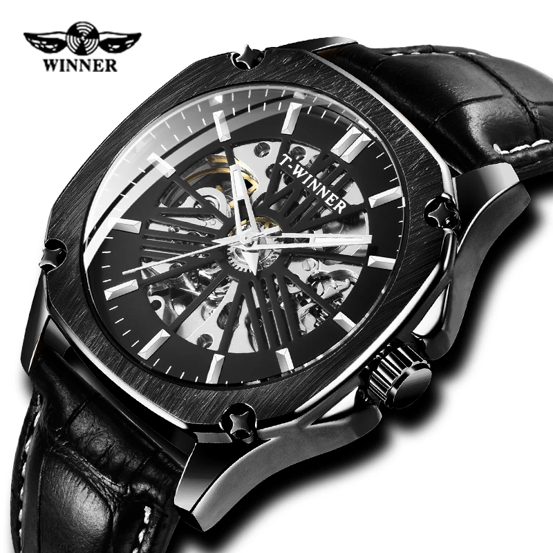 Классический победитель квадратный черный циферблат дизайн кожаный ремень