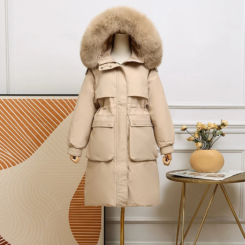 Fitaylor Winter Large Natural Real Fur Collar Hooded Feather Long Jacket Women Thickening Down Coat High Waist Fluffy Outwear | Женская