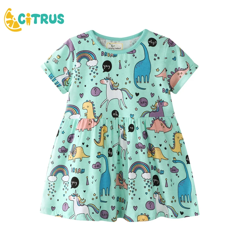 

Summer Children Cotton Dress Blue Cartoon Short Sleeve Casual Princess Dress Animals Printed Girl Sweat Clothes