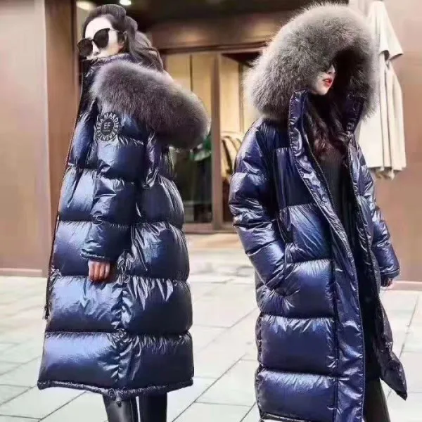 

Зимние длинные меховые пуховые пальто с капюшоном, женские модные прямые толстые свободные теплые пуховики на утином пуху, женская модная у...