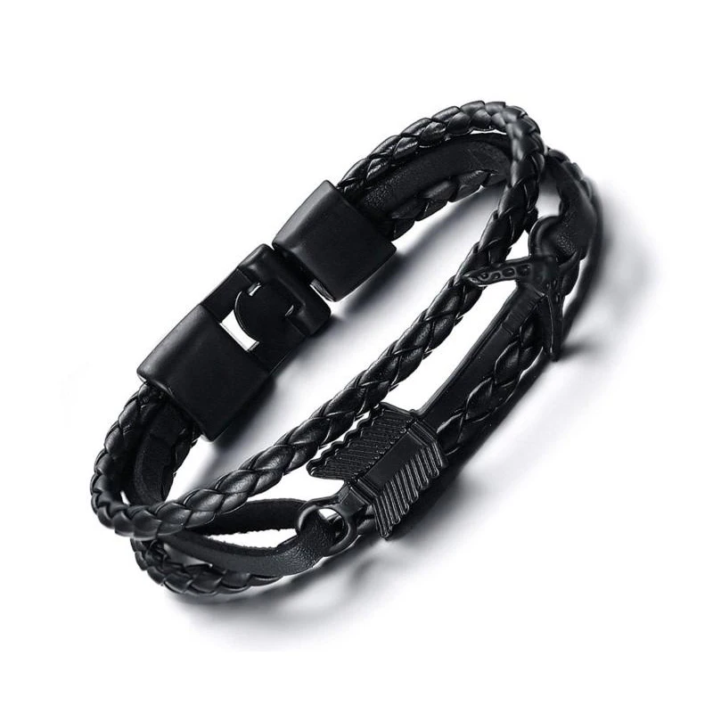 

Men's Genuine Braided Leather Arrow Anchor Wrap Bracelet Maritime Nautical Black