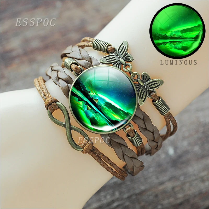 Светящиеся стеклянные коричневые кожаные браслеты ручной работы для женщин