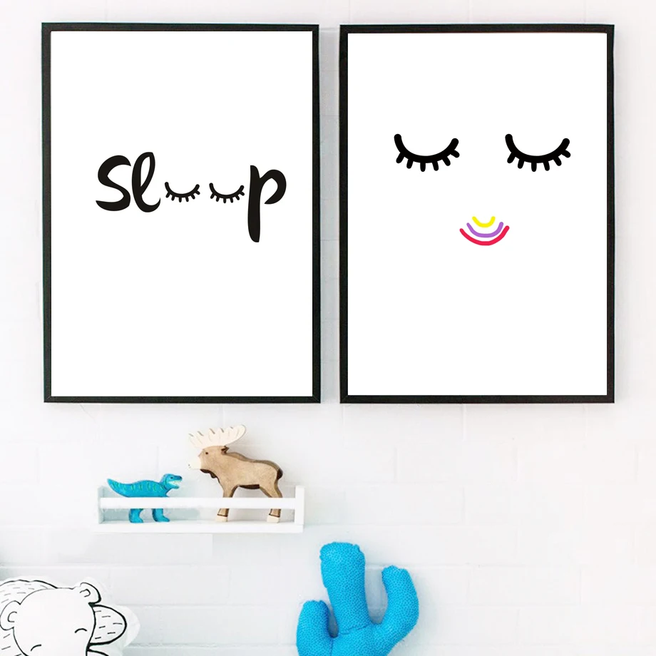 

Black White Cartoon Eyes Face Sleep Quotes Canvas Painting Nordic Funny Posters Wall Art Pictures Baby Kids Room Decor