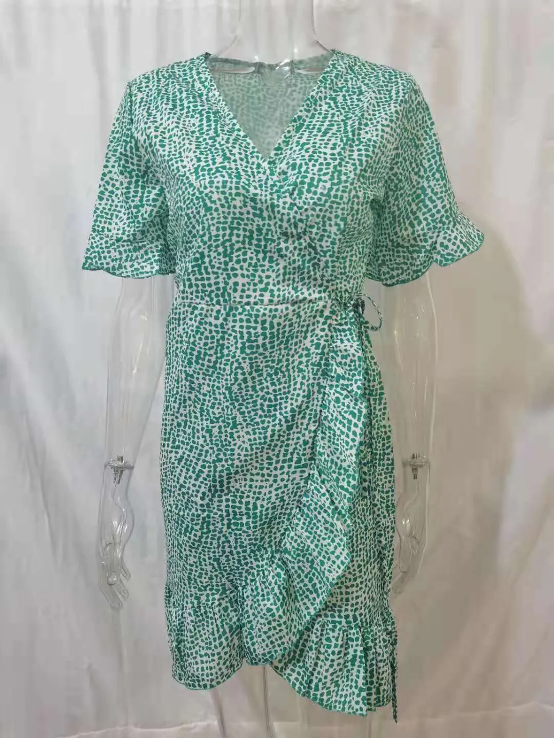 

2021 Summer New Fashion Printed V-Neck Lace-up High Waist Chiffon Floral Dress