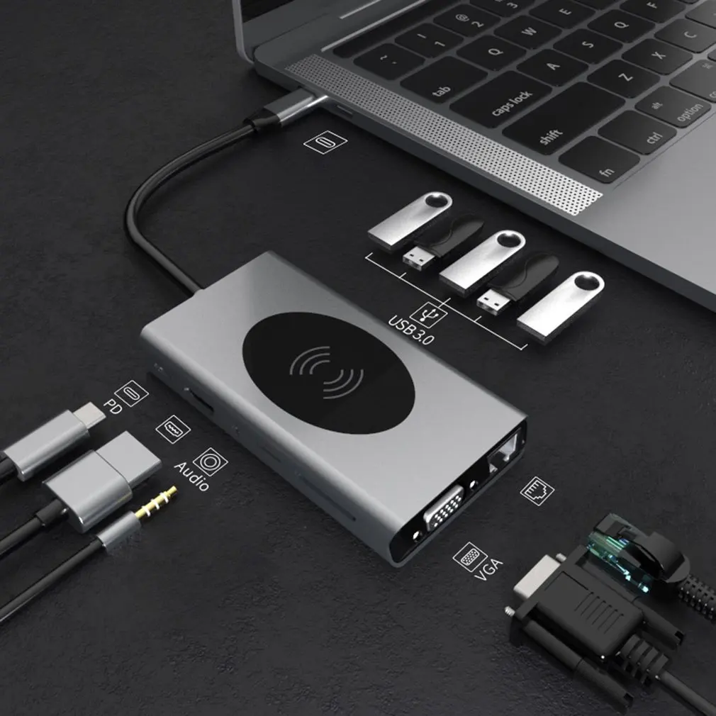 

Док-станция 13 в 1, USB Type C на HDMI, 3,5 мм аудио, SD, TF, VGA, RJ45