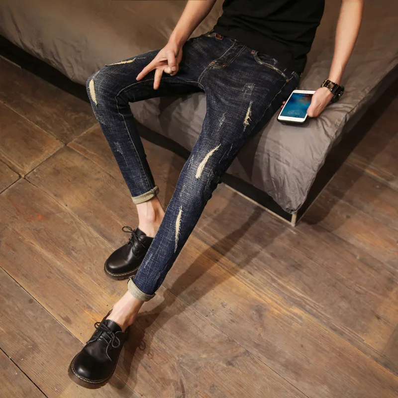 

Wholesale 2020 Fashion Denim Men's skinny ripped jeans Korean trend slim ankle length brand feet pants casual pencil trousers