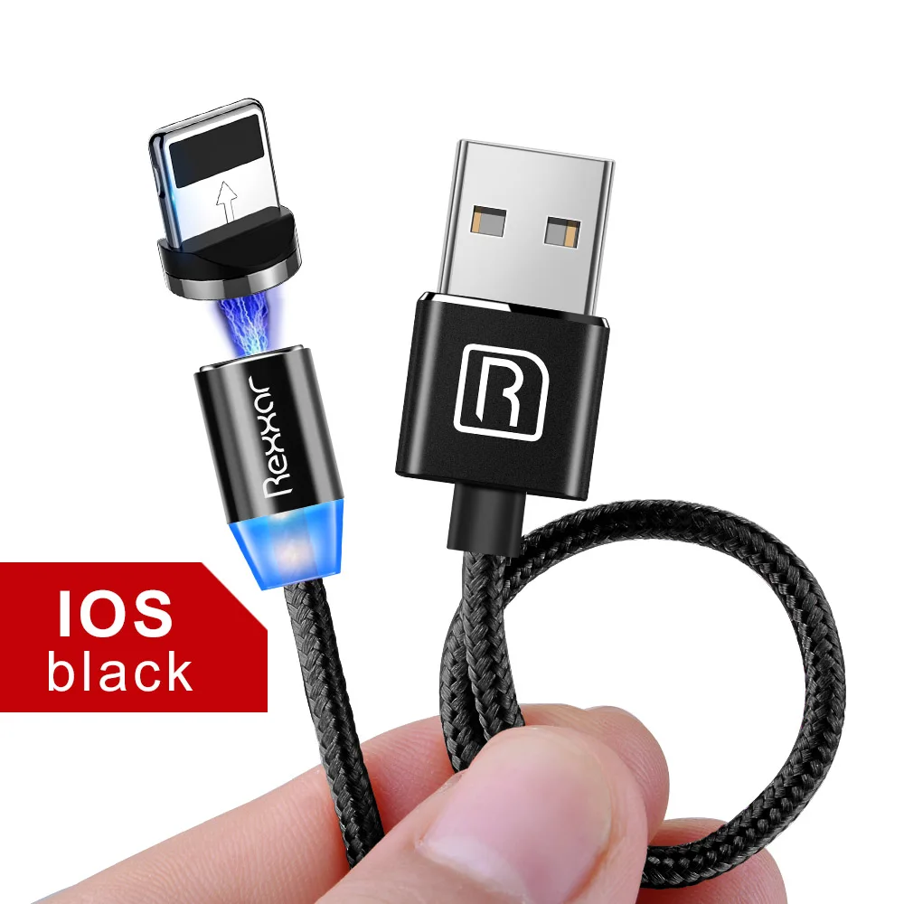 Black IOS Rexxar, магнитный кабель для iPhone, samsung, быстрая зарядка, Micro USB кабель, шнур, магнитное зарядное устройство, usb type C, 1 м, 2 м, кабели для мобильных телефонов - Цвет: Black IOS