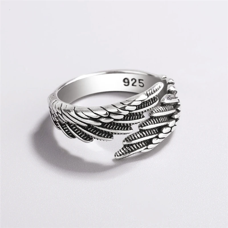 

Aestethic Elegant Jewellery Vintage Thai Silver Feather Wings 925 Standard Female Resizable Opening Rings 1010