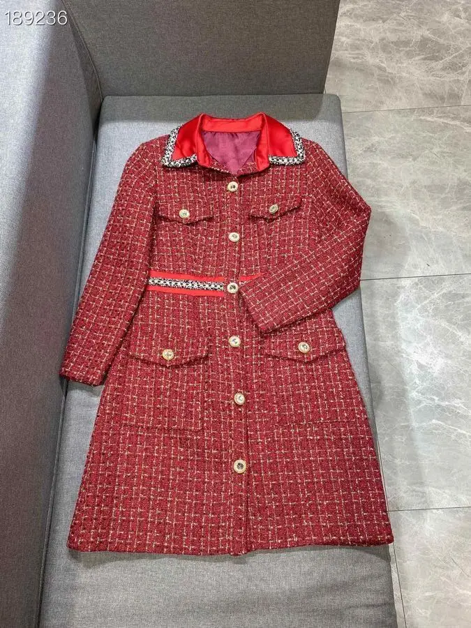 

New Fashion Style Tweed Midi Vintage Dress 2020 Women Retro Turn down Collar Long Sleeves Empire Red Patchwork Dress Runway