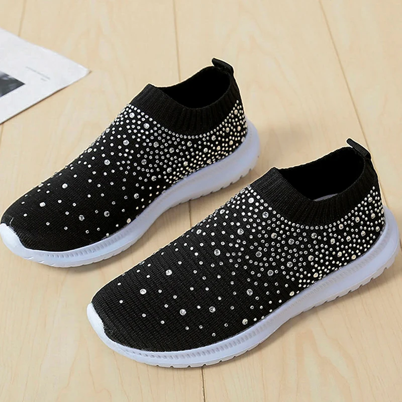 Женские кроссовки без застежки повседневные блестящие носки прогулочная обувь