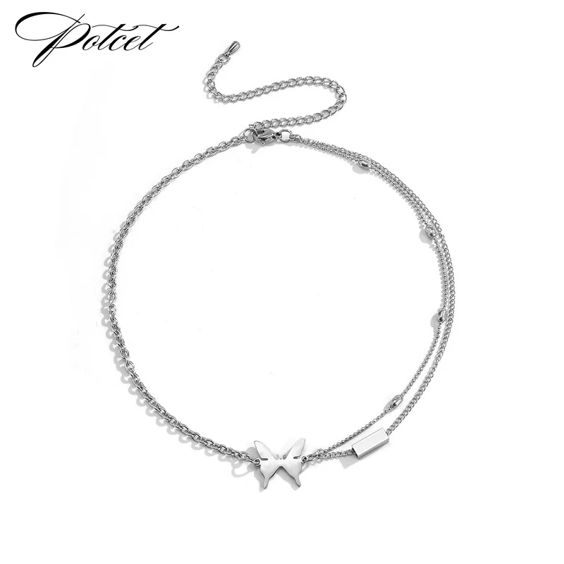 

POTCET Women's Stainless Steel Butterfly Double Stitching Titanium Steel Necklace Clavicle Chain Fashion Hip Hop Party Jewelry