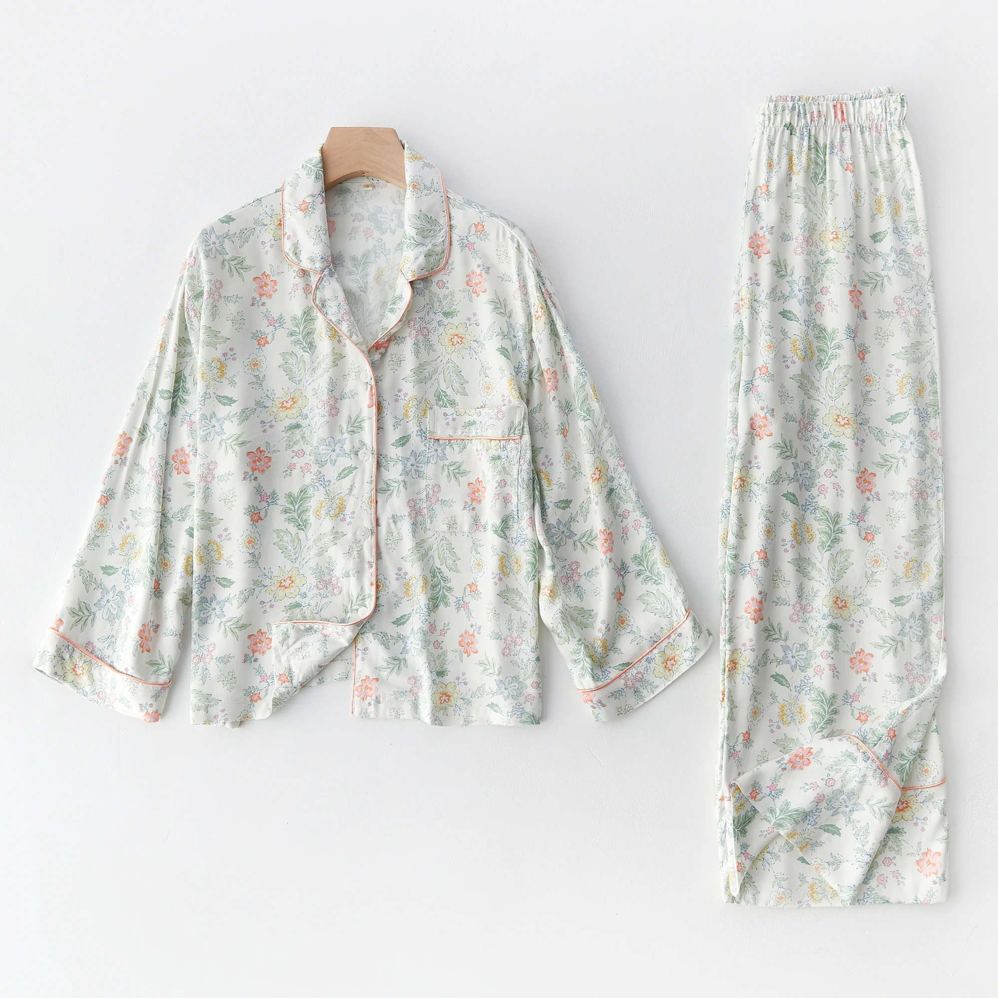 

Spring Summer Women's Pajamas Long Sleeved +Trousers 2 Pcs 100% Viscose Nightgown Ladies Romantic Style Sets Longwear Home Wear