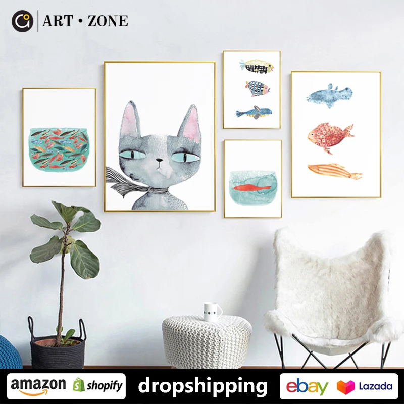 Плакаты с изображением рыб и котов искусство на стену в гостиной декор для