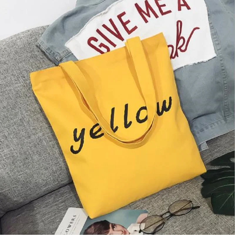 Желтая Холщовая Сумка с буквенным принтом в Корейском стиле Женская