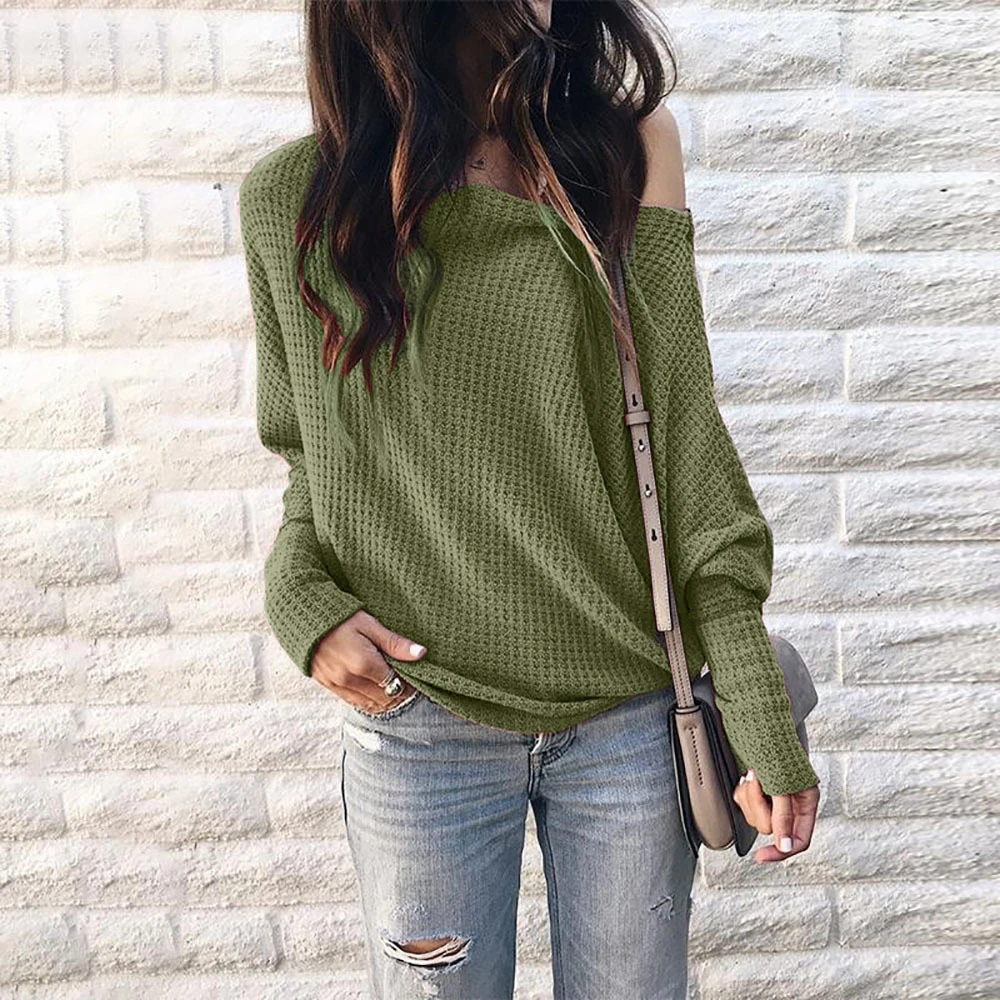 Pullover Sweater Women Loose Off Shoulder Sexy Ladies Slash Neck Knit Casual Tops Women's Solid Color Autumn Clothing | Женская