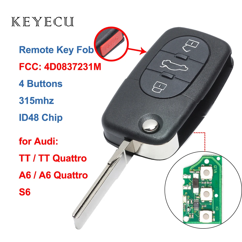 Keyecu 3 + 1 кнопки 315 МГц с ID48 чип откидной дистанционный ключ 4D0 837 231 м для Audi A6 Quattro S6 TT