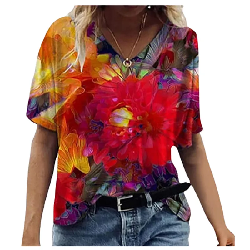 

S-3XL Casual Summer T Shirt 2021 New Women Animal Print Tee Tops Short Sleeve Loose V-Neck Top Female Street Hipster Plus Size