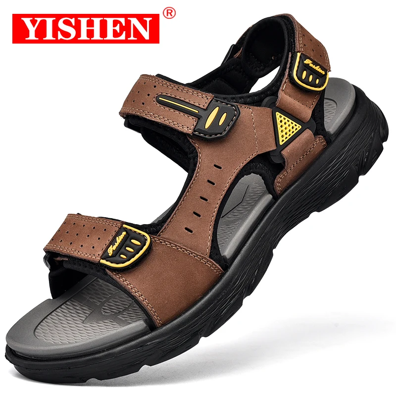 

YISHEN New Classics Style Men Sandals Outdoor Walking Summer Shoes Anti-Slippery Beach Shoes Men Comfortable Soft Leather Shoes