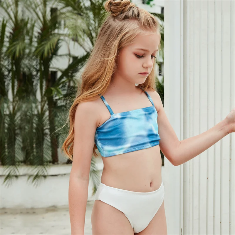 

2Pcs Bikini Swimwear Kid Girl Tie Dye Print Sleeveless Tank Top White High Waist Triangle Shorts Beach Swimming Bathing Suit